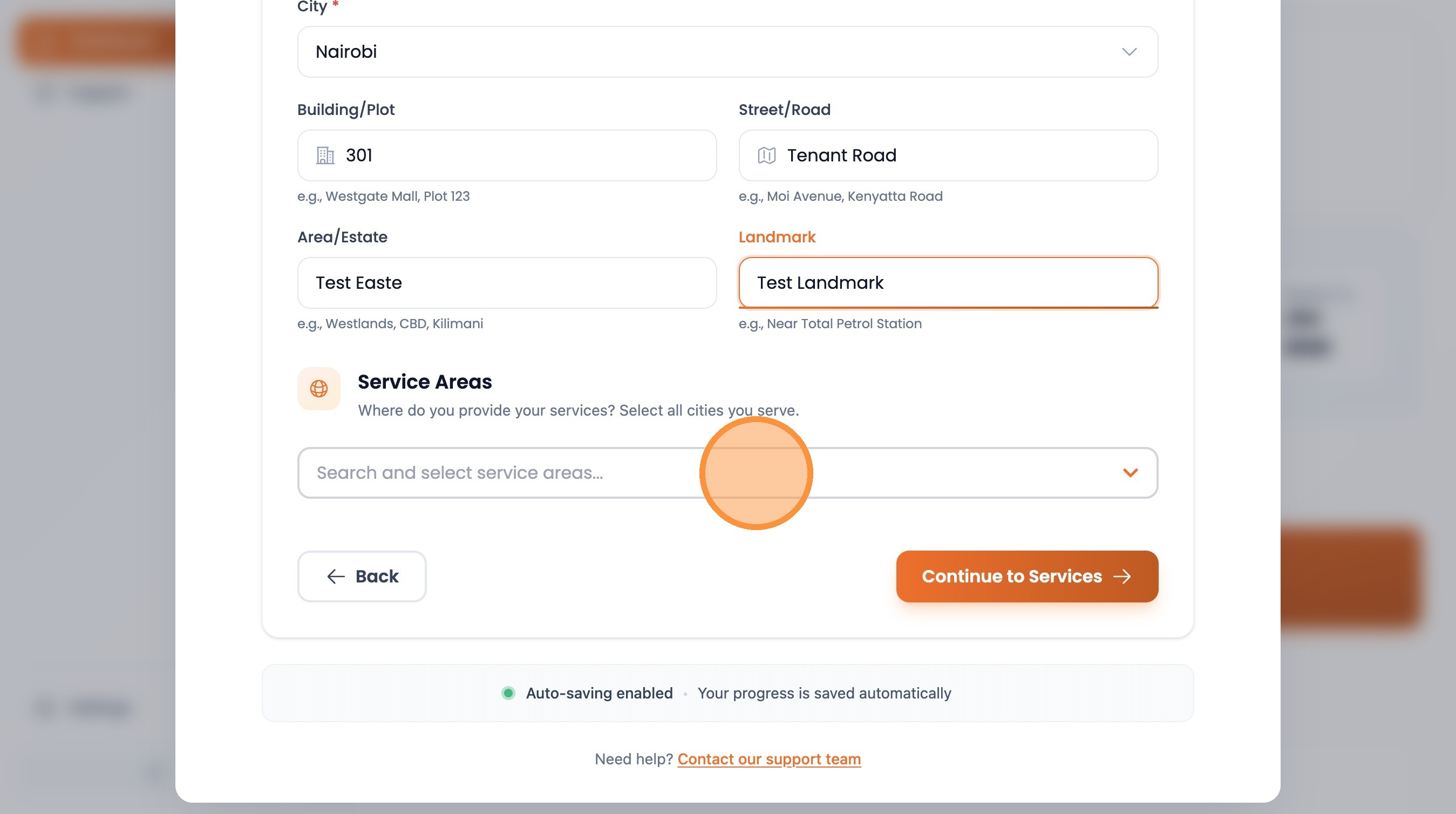 Step 17: Search and select your service areas