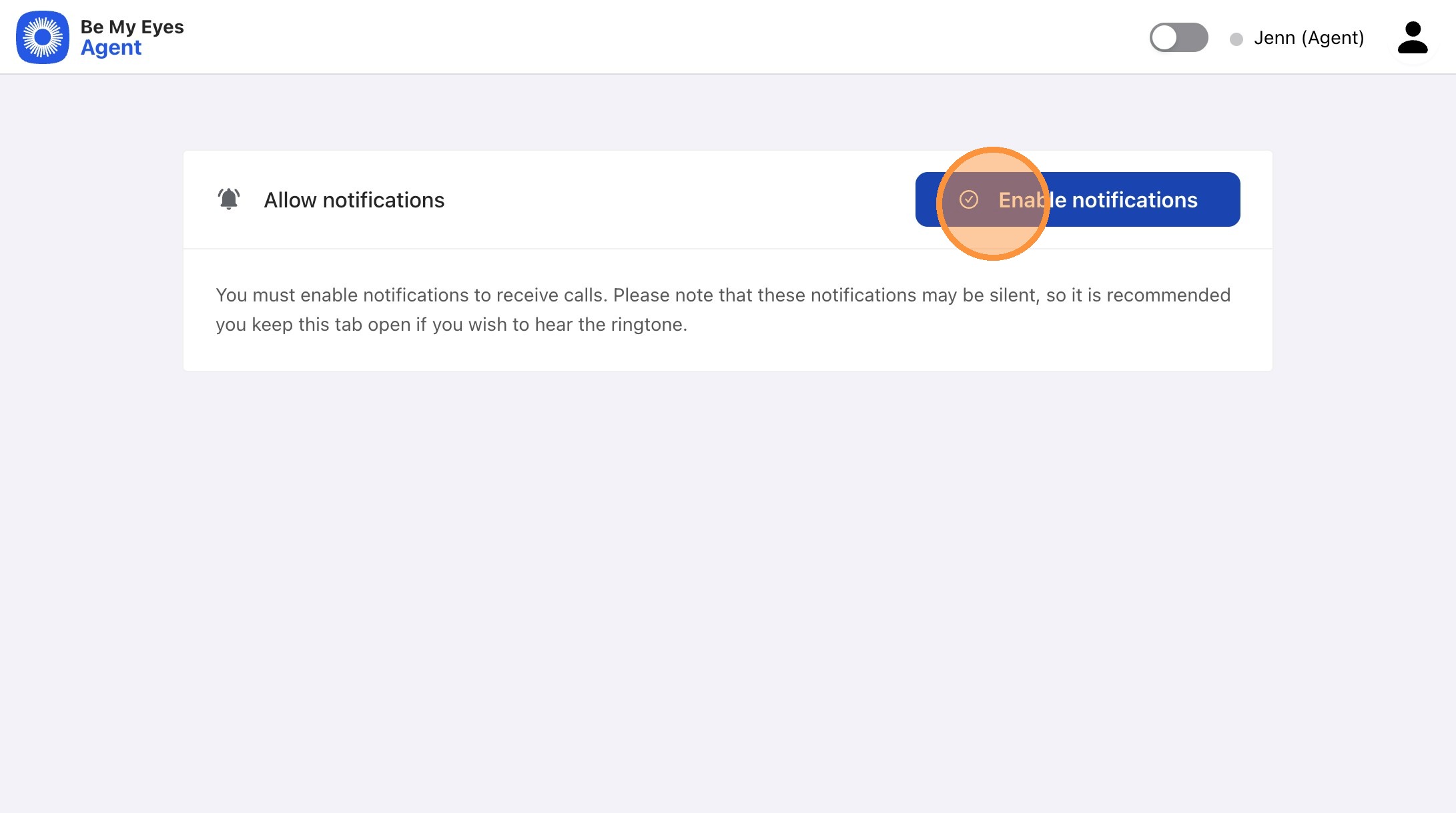 A screenshot of the dashboard focusing on the 'Allow notifications' section. The blue button labeled 'Enable notifications' is highlighted with an orange circle.