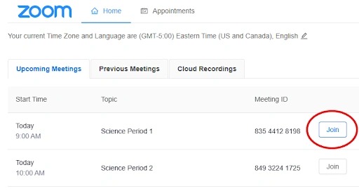 Zoom meeting list with join highlighted to show where to click