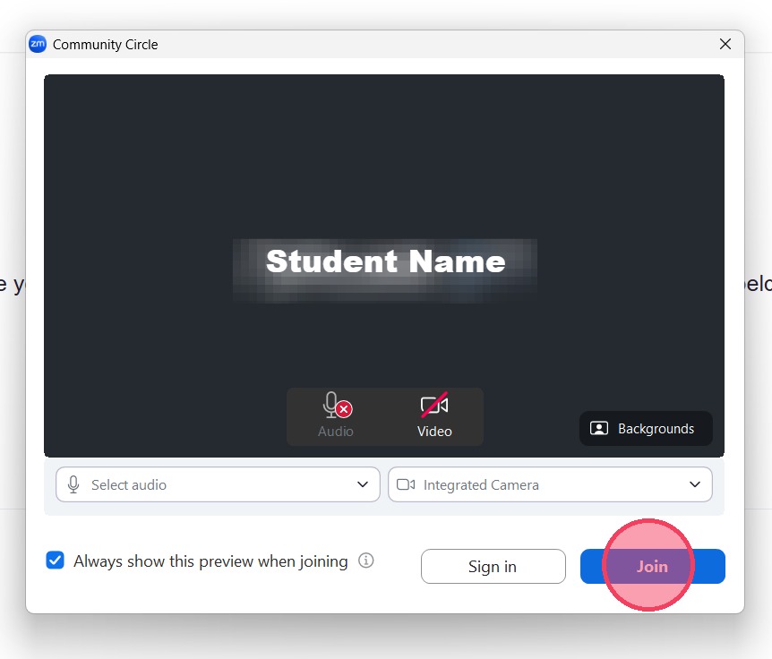 Zoom meeting popup with join highlighted to show where to click
