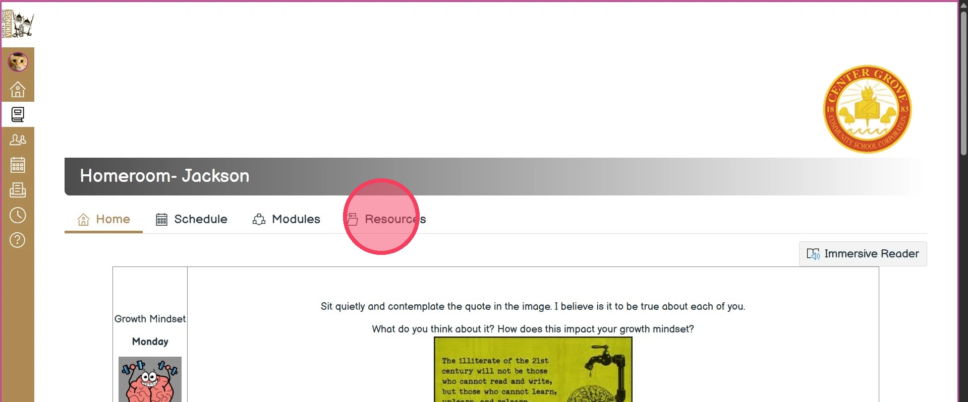 Canvas homepage with resources tab highlighted to show where to click