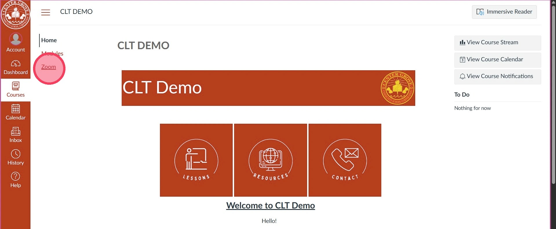Canvas homepage with Zoom link highlighted to show where to click