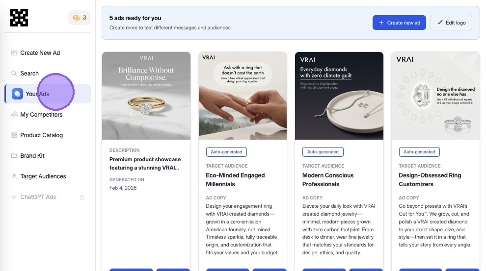 Click Your Ads to view saved creatives