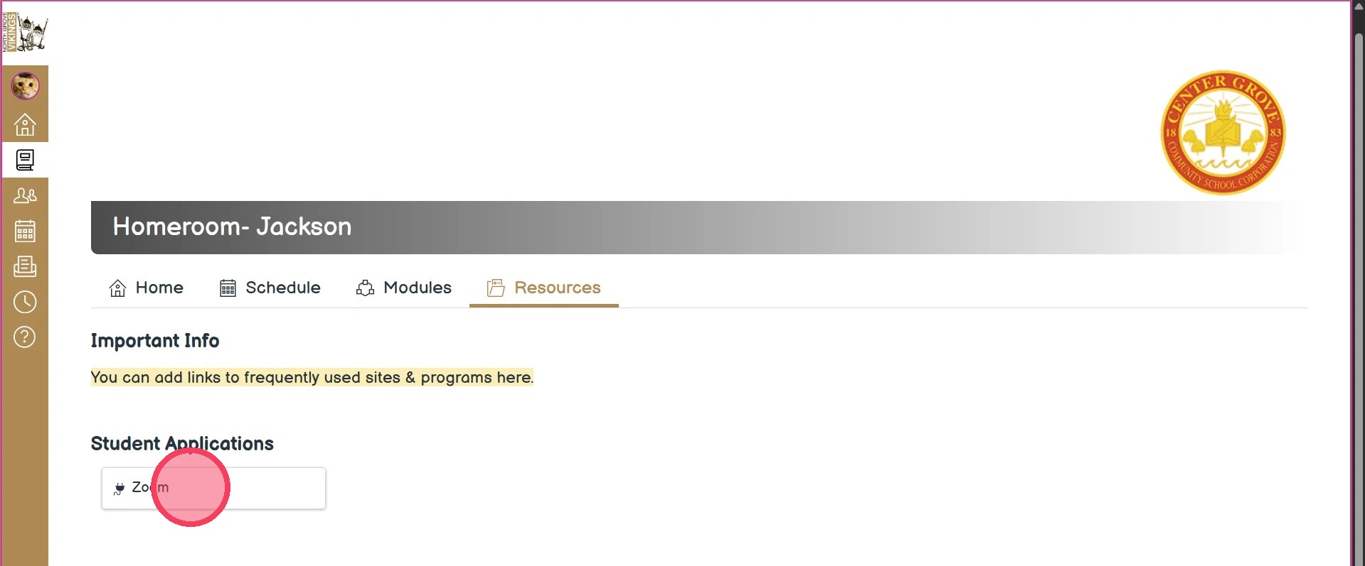 Canvas resources page with Zoom highlighted to show where to click