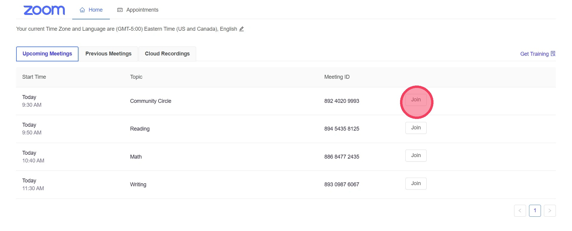 Zoom meeting list with join highlighted to show where to click