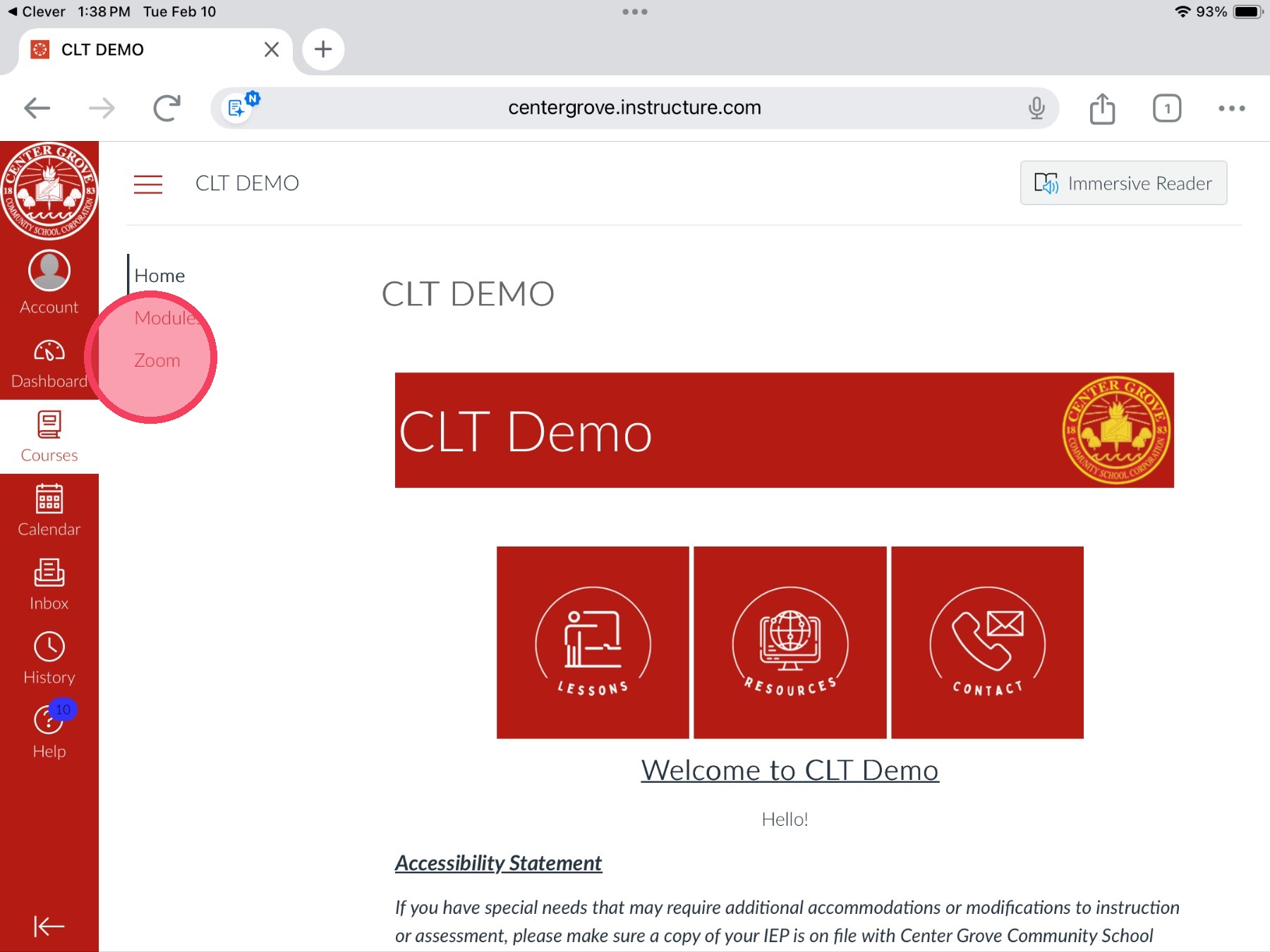 Canvas homepage with Zoom link highlighted to show where to tap