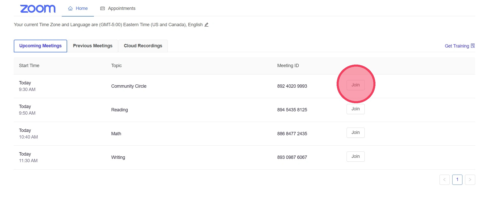 Zoom meeting list with join highlighted to show where to tap