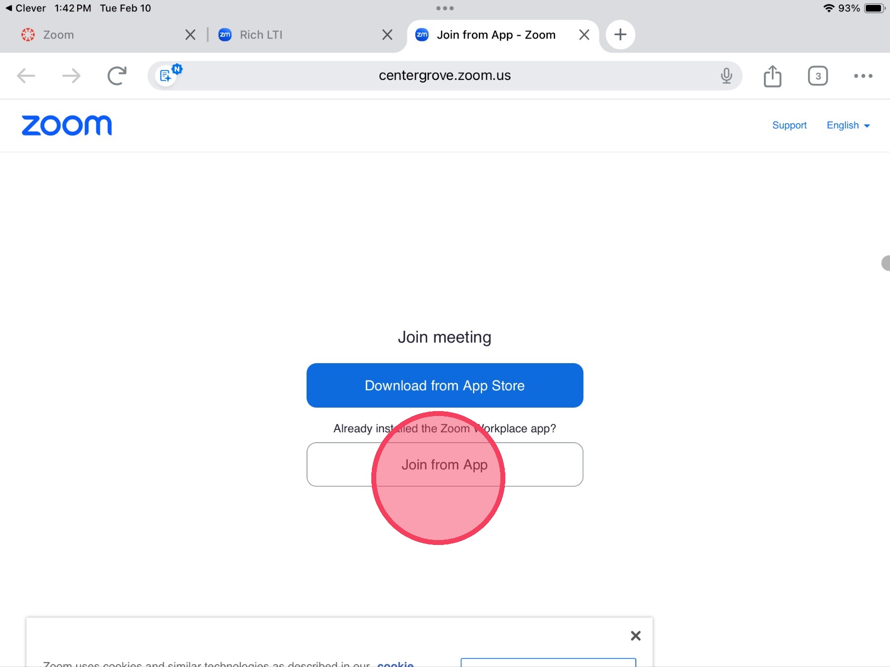 Zoom webpage with open in app highlighted to show where to tap