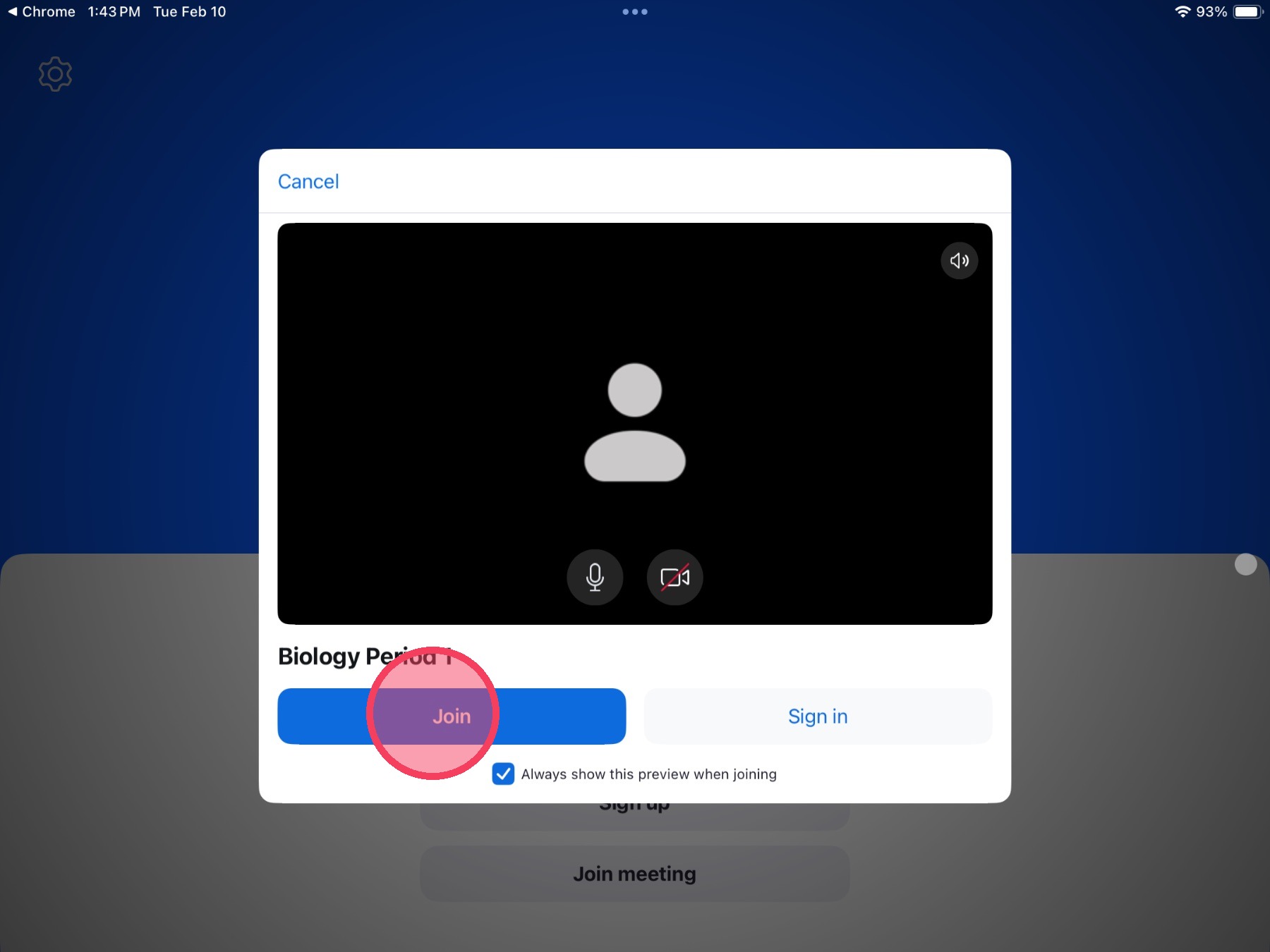 Join Zoom meeting screen with join button highlighted to show where to tap