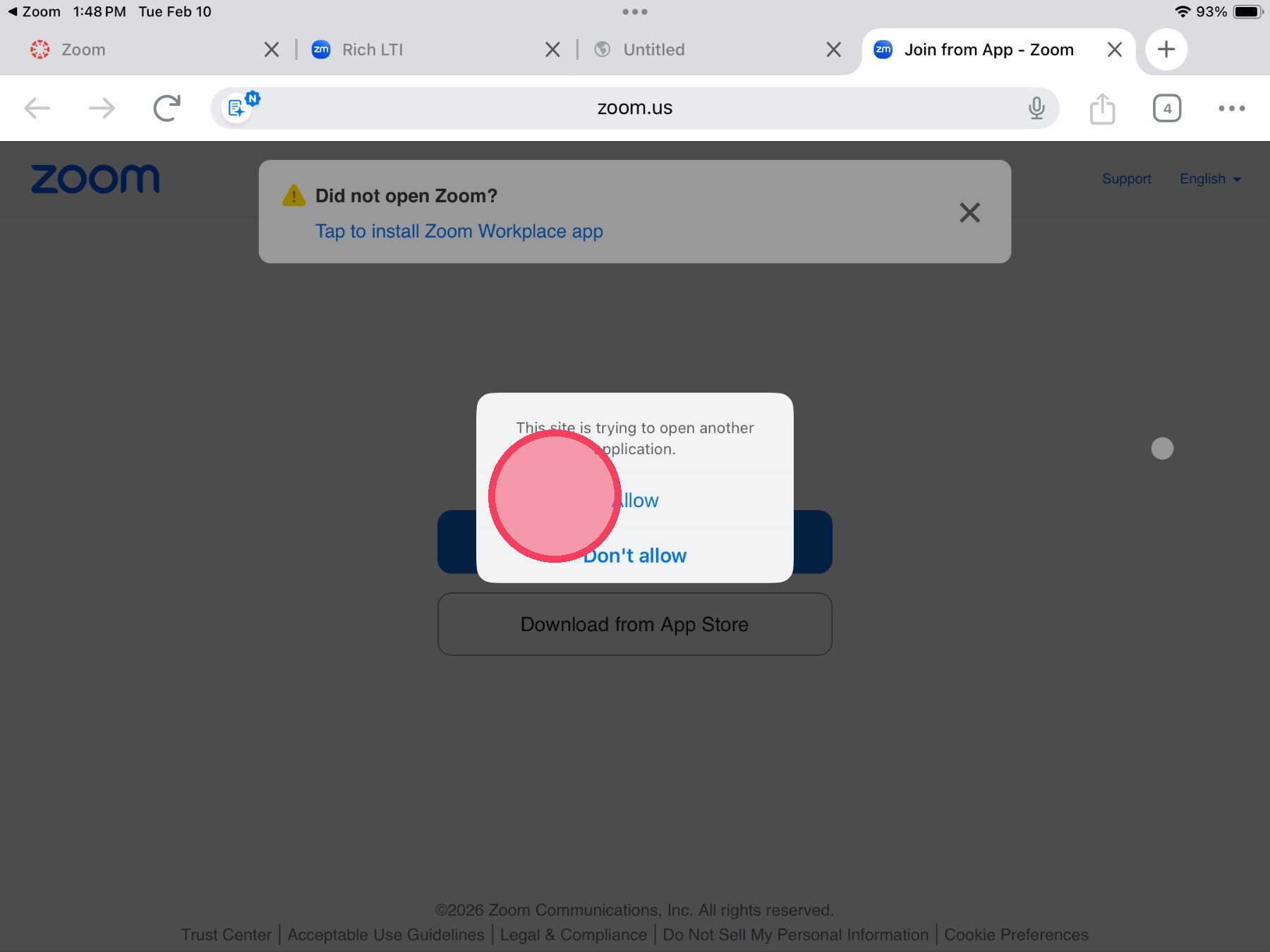 Popup notification to allow Zoom to open with allow highlighted to show where to tap
