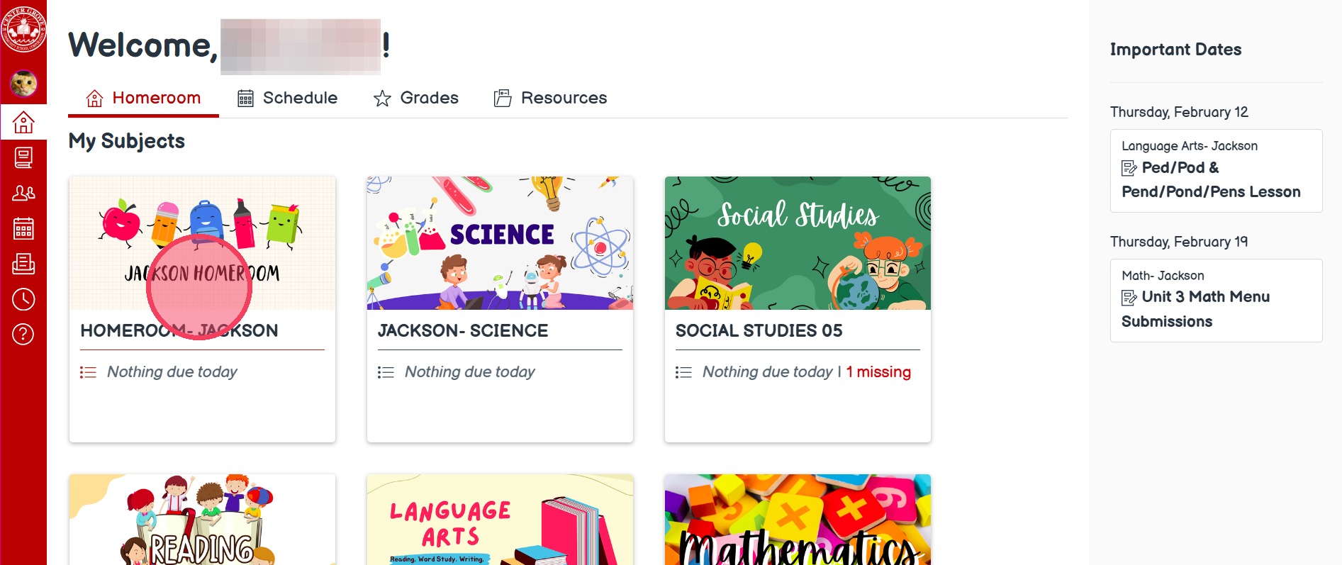 Canvas dashboard with course highlighted to show where to tap