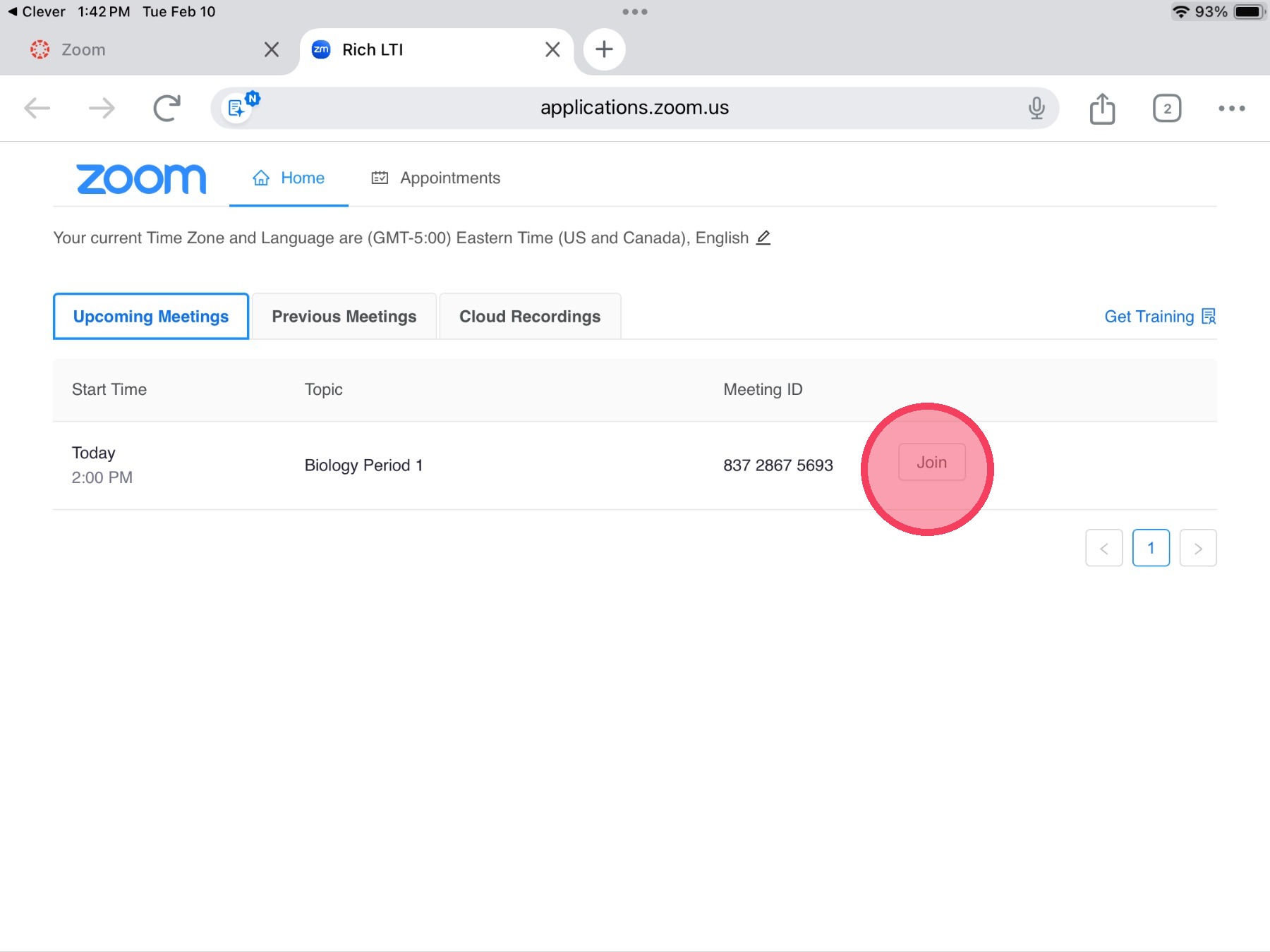 Zoom meeting list with join highlighted to show where to tap