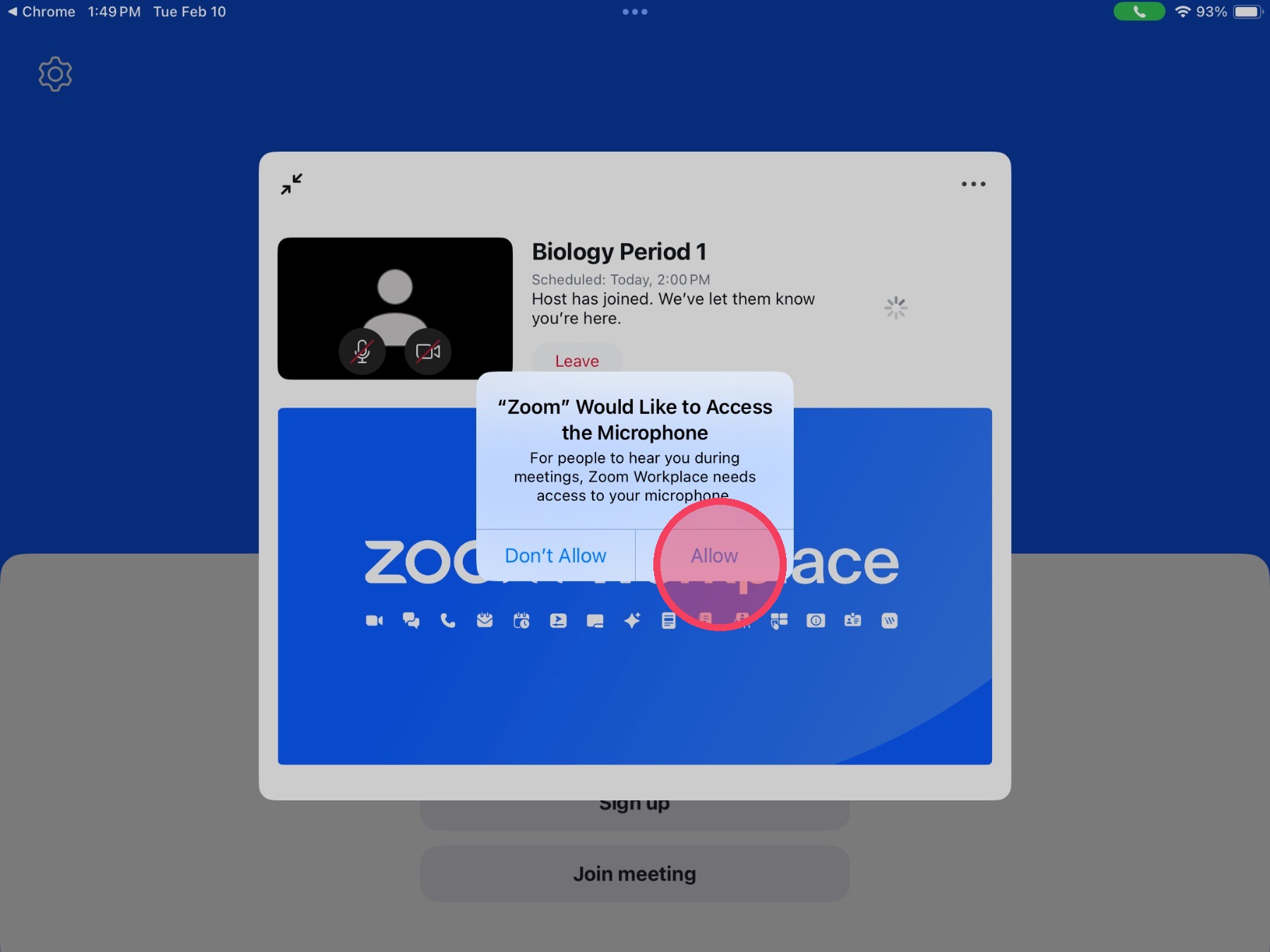 Microphone permission popup with allow highlighted to show where to tap