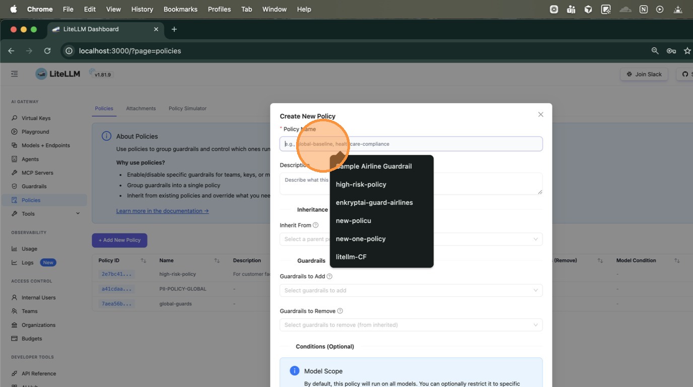 Create New Policy modal — enter the policy name and optional description