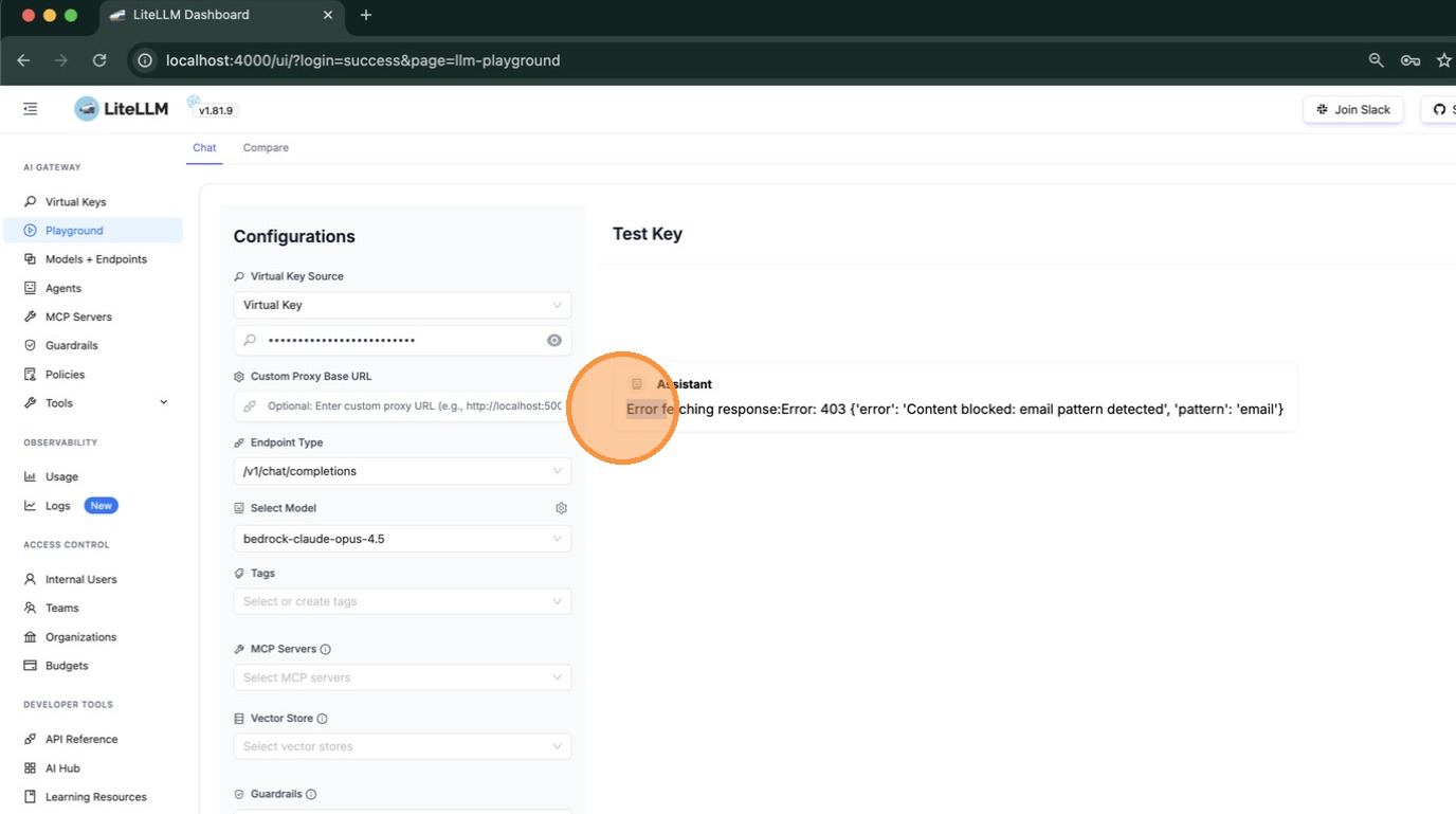 Guardrail in action — the request was blocked with "Content blocked: email pattern detected"