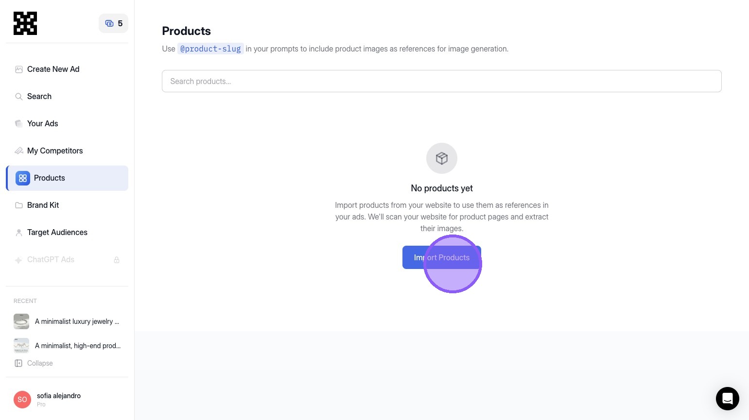 Click Import Products