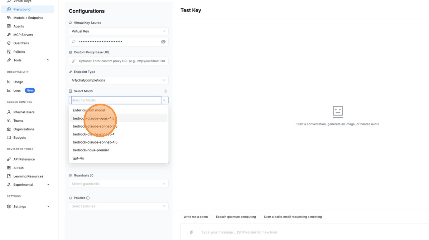 Select a model (e.g., bedrock-claude-opus-4.5) from the dropdown