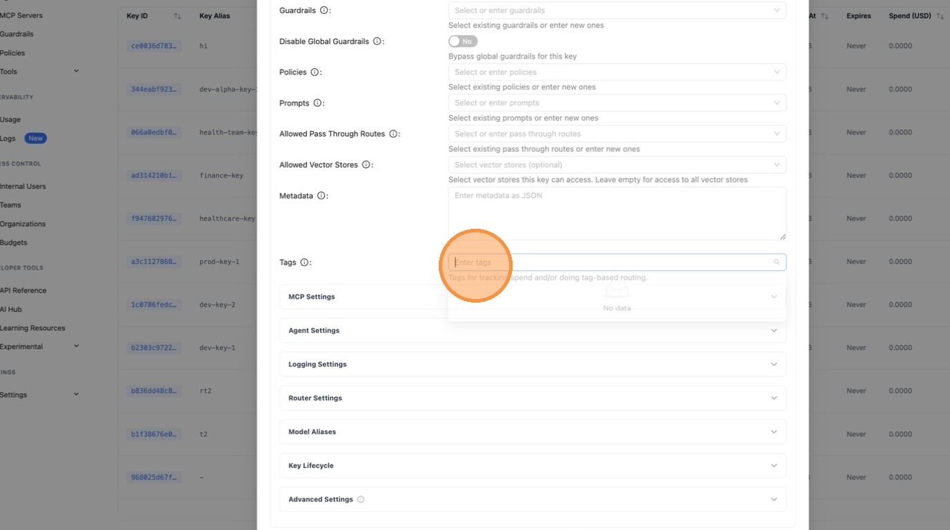 Tags field in key creation — type "health" to add the tag
