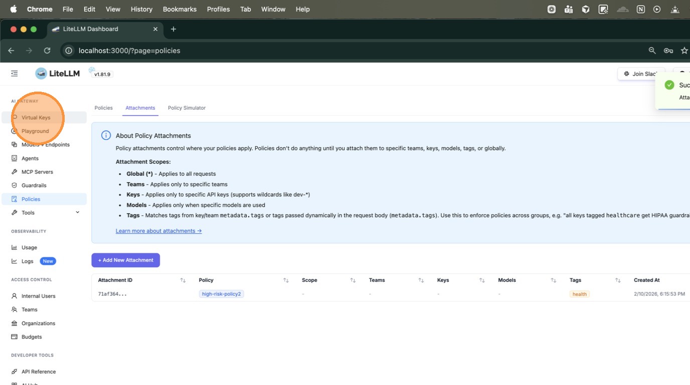 Attachments table showing the new attachment with policy high-risk-policy2 and tag "health"