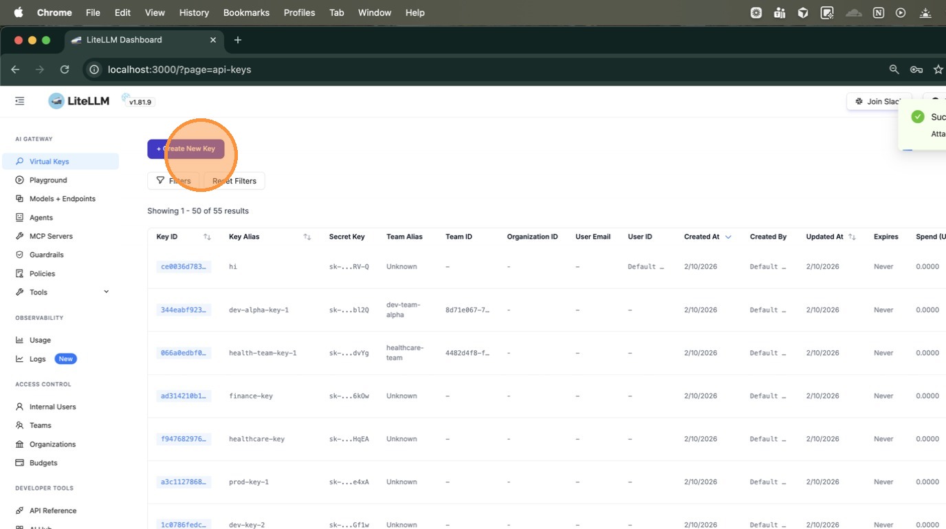 Virtual Keys page showing existing keys — click + Create New Key