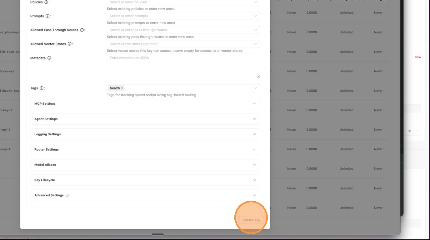 Click Create Key to generate the new virtual key with the health tag