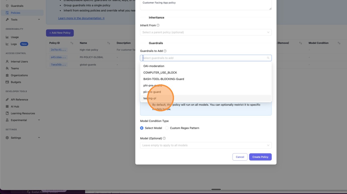 Guardrails to Add dropdown showing available guardrails like OAI-moderation, phi-pre-guard, pii-pre-guard