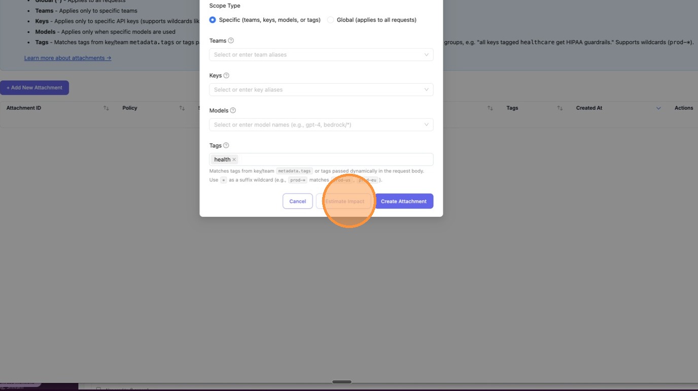 Click Estimate Impact — the tag "health" is entered and ready to preview
