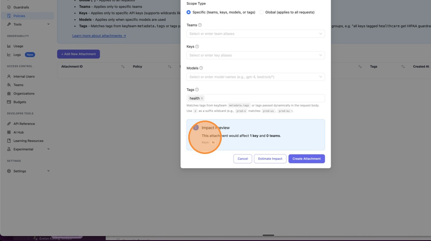 Impact Preview showing "This attachment would affect 1 key and 0 teams." Keys: hi