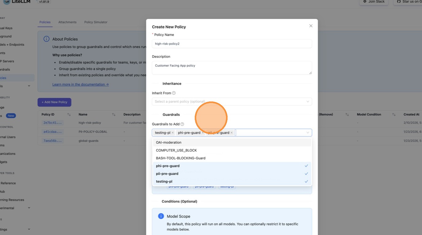Selected guardrails shown as chips: testing-pl, phi-pre-guard, pii-pre-guard. Resolved Guardrails preview below.