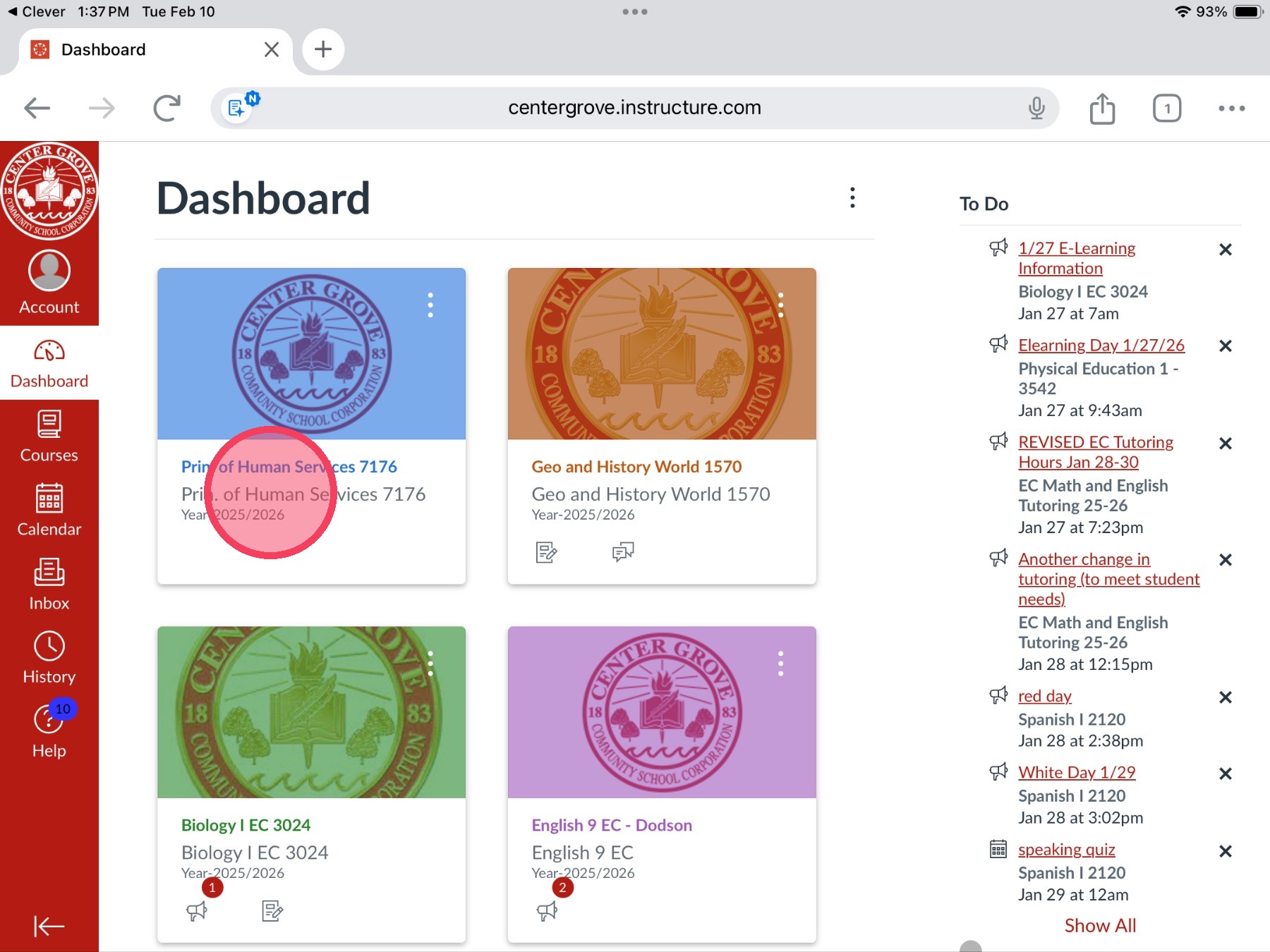Canvas dashboard with course highlighted to show where to tap
