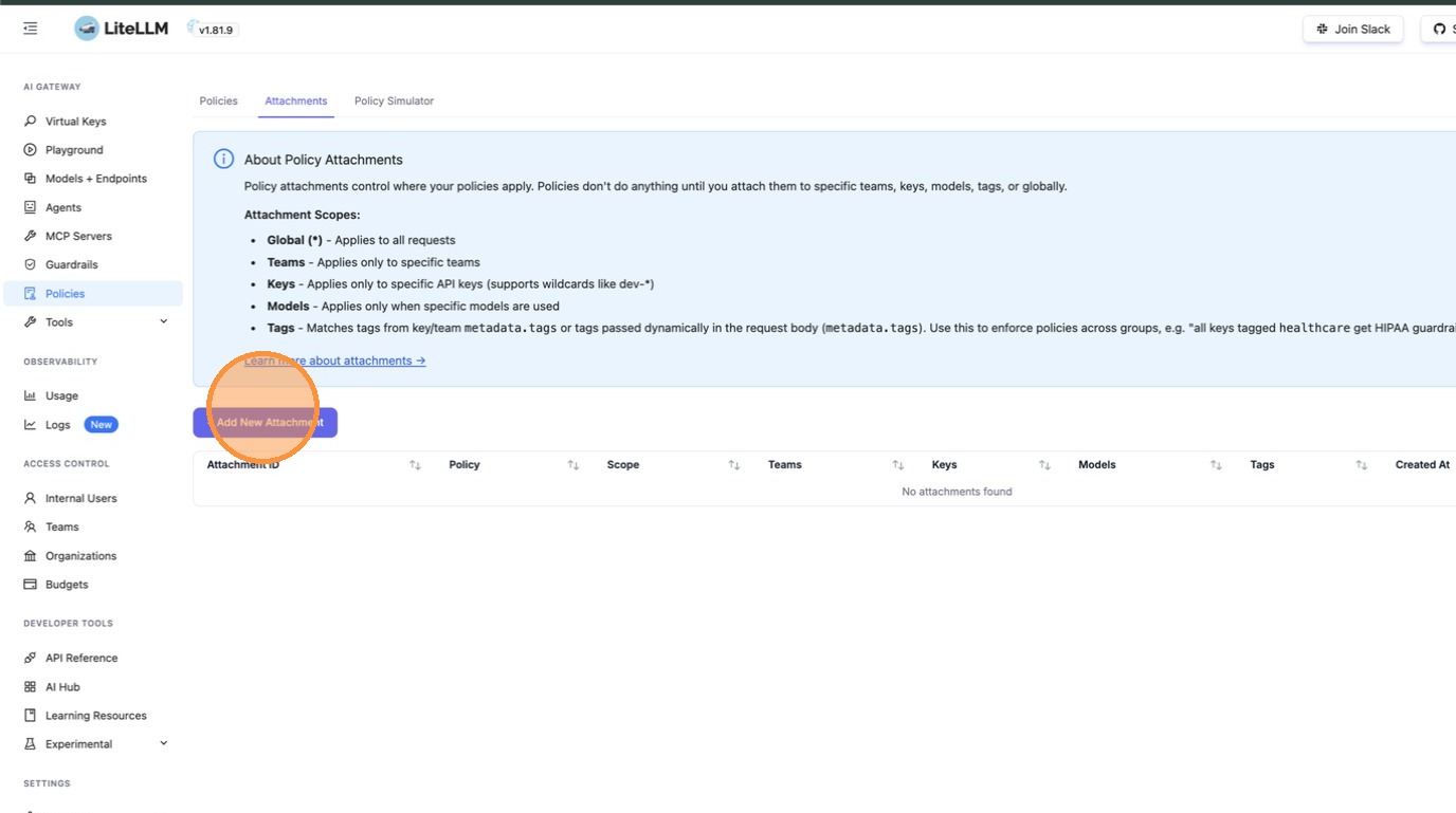 Attachments page showing scope types including Tags — click + Add New Attachment