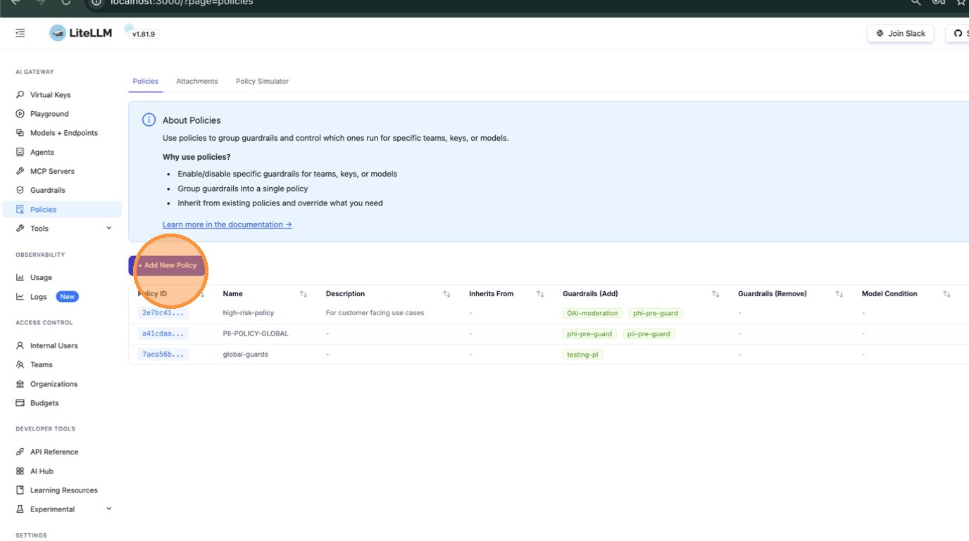 Policies list page showing existing policies and the + Add New Policy button