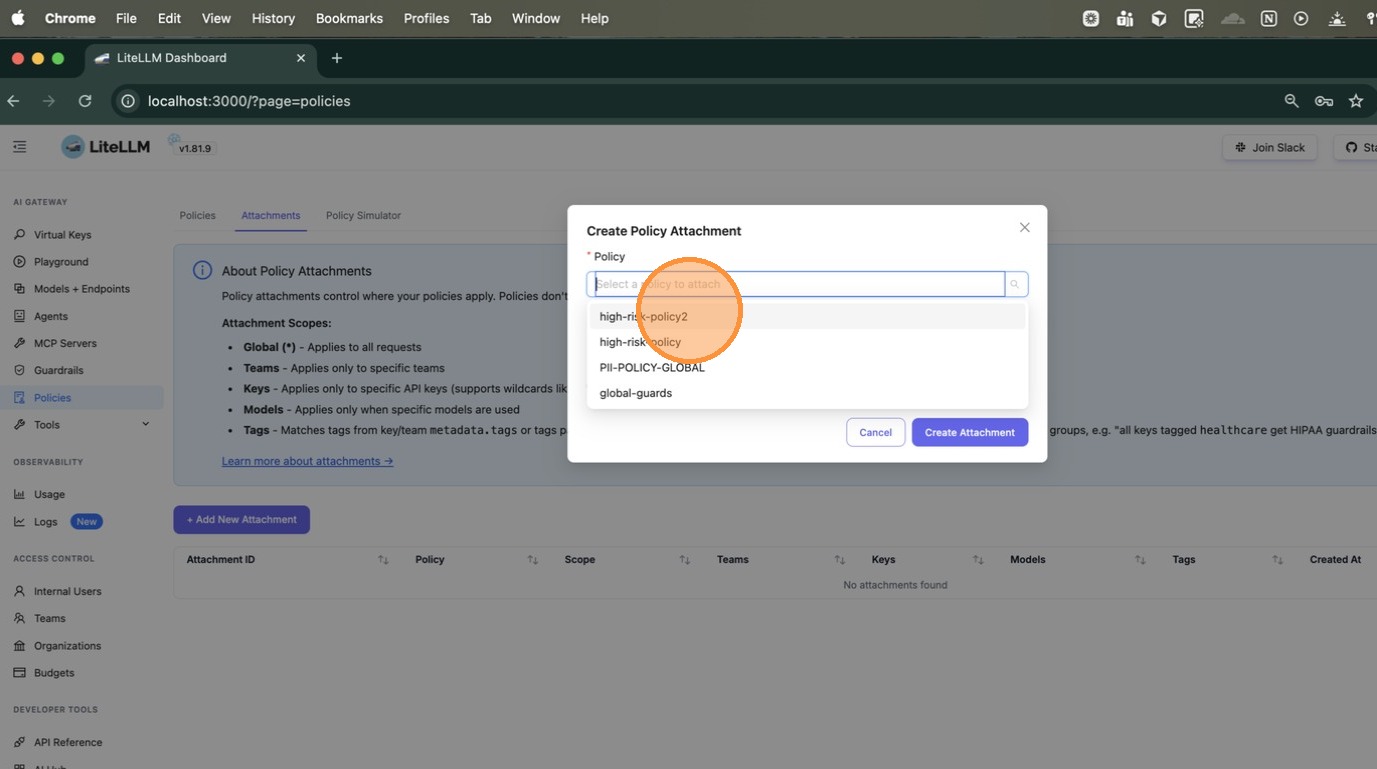 Select the policy to attach from the dropdown (e.g., high-risk-policy2)
