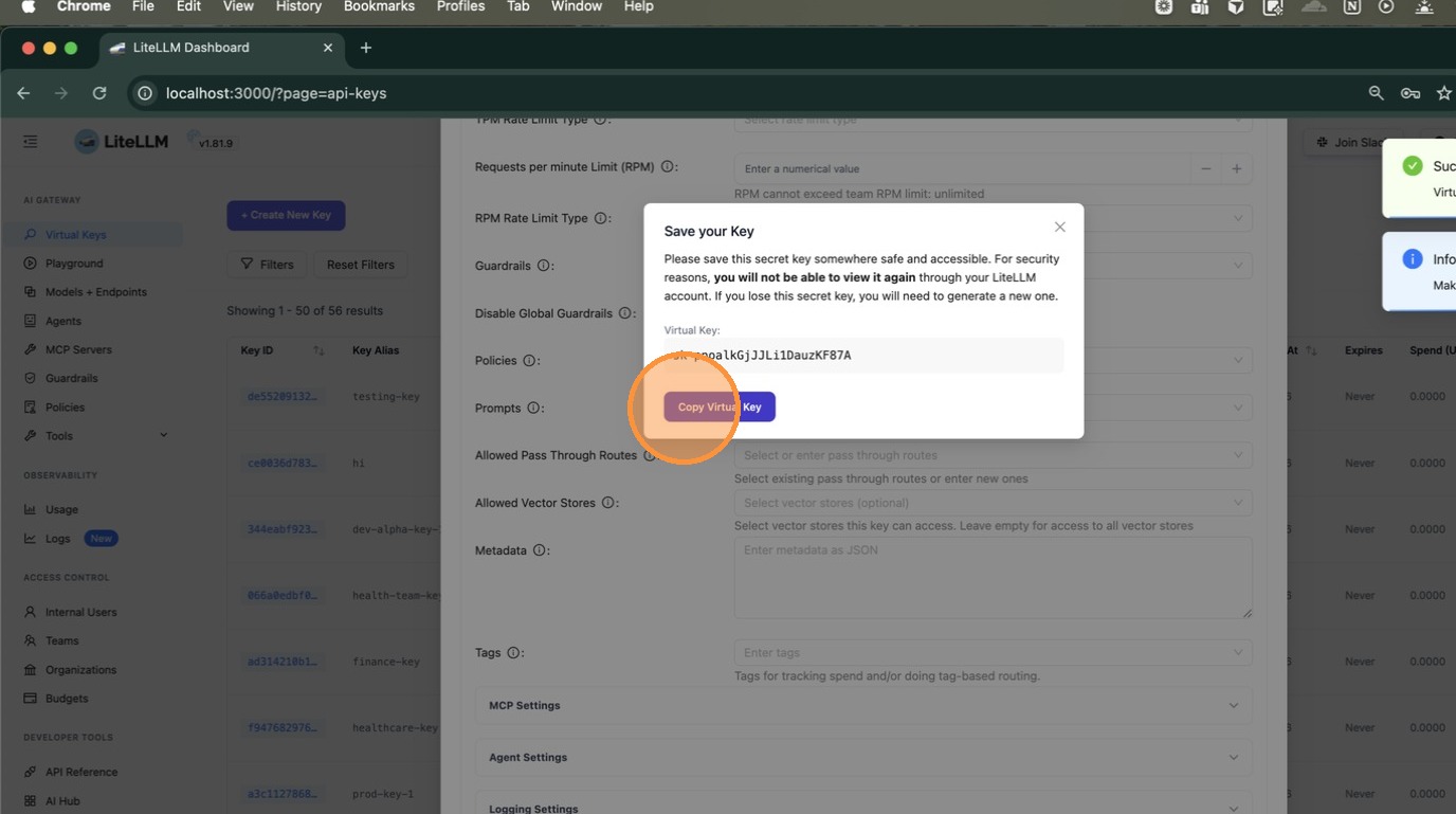 Save your Key dialog — click Copy Virtual Key to copy it to clipboard