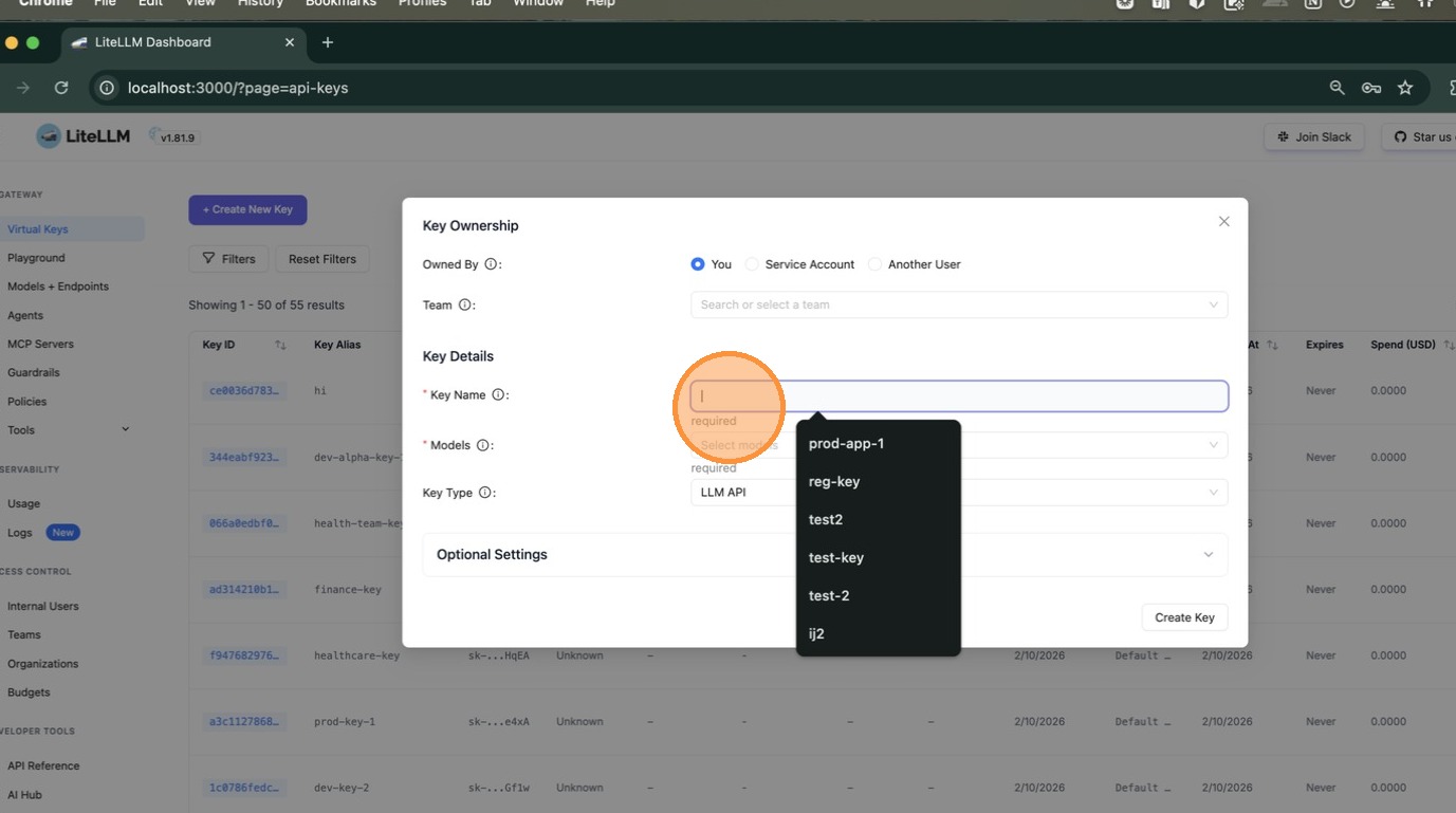 Create New Key modal — enter the key name