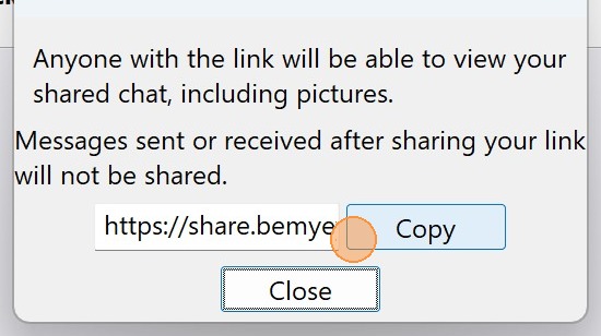 A screenshot of the sharing dialog after the link has been generated. The URL is displayed in a text field, and an orange circle highlights the "Copy" button next to it, allowing the user to copy the link to their clipboard.