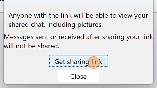 A screenshot of the "Share conversation" pop-up window within the app. It explains that a public link will be created. An orange circle highlights the "Get sharing link" button at the bottom of the dialog box.