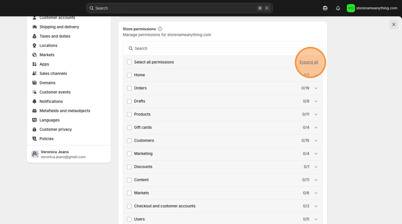 Shopify permissions panel expanded showing all available permission checkboxes
