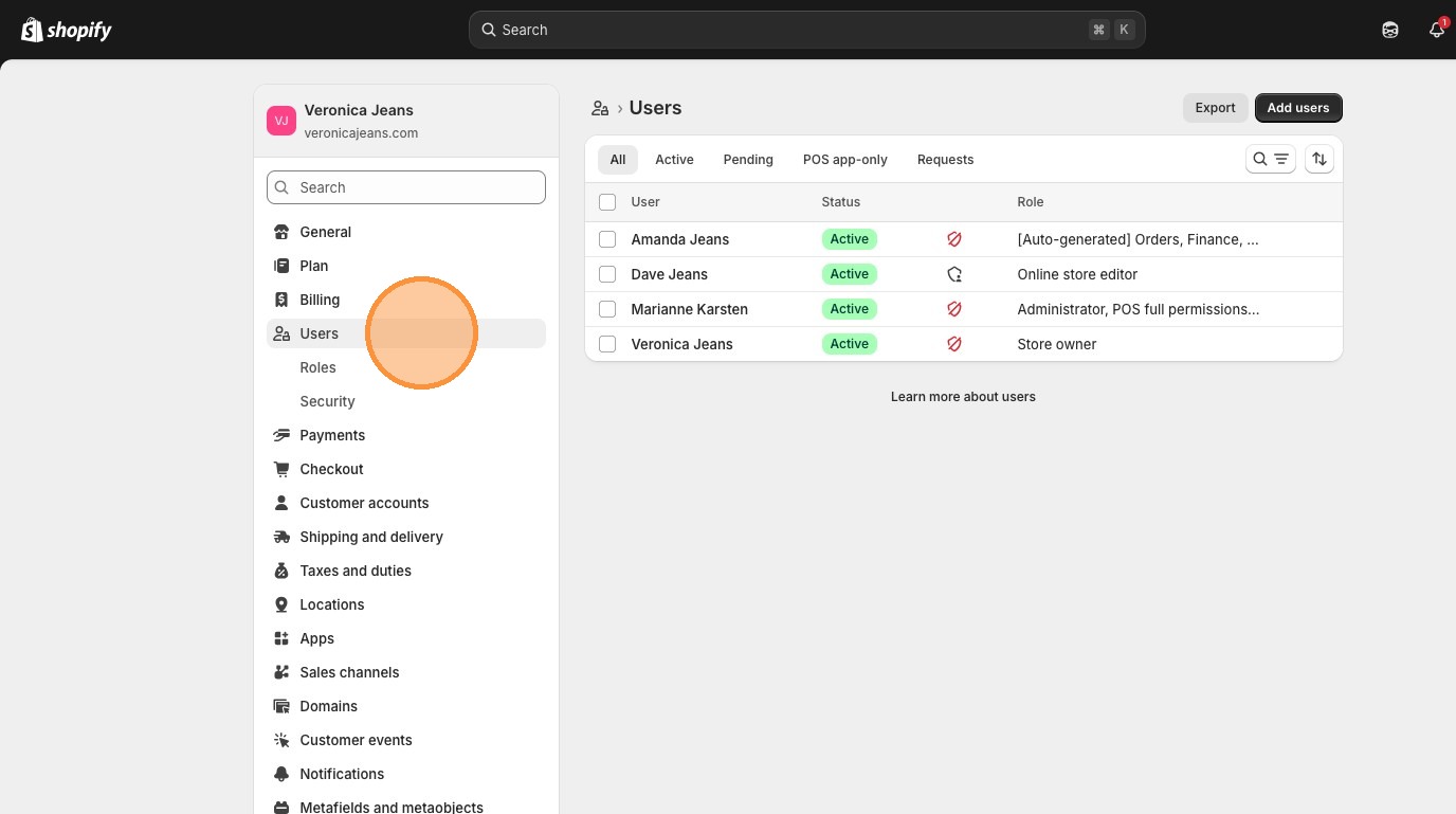 Shopify Users section on an active store showing current staff members and Add users button
