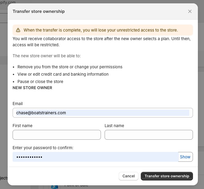 Shopify transfer store ownership form showing the steps a developer takes to transfer ownership