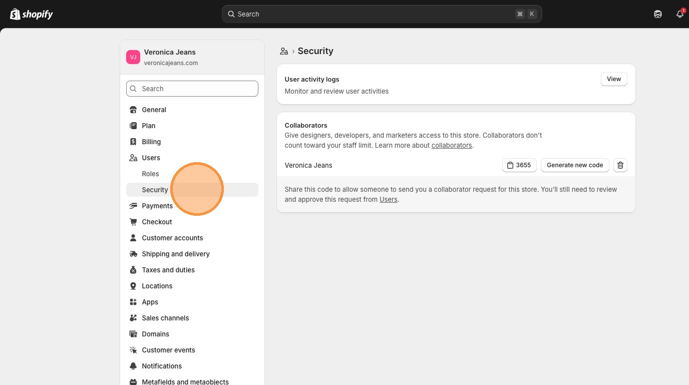 Shopify Security section showing collaborator access management