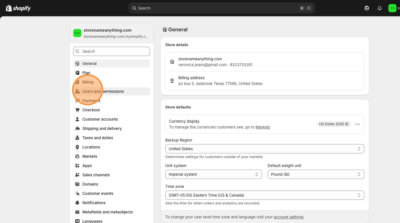 Shopify Settings showing Users and permissions link in the admin dashboard