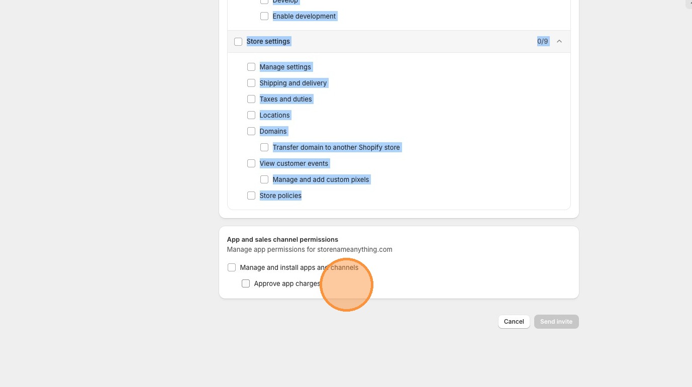 Shopify App and sales channel permissions showing the two permission options
