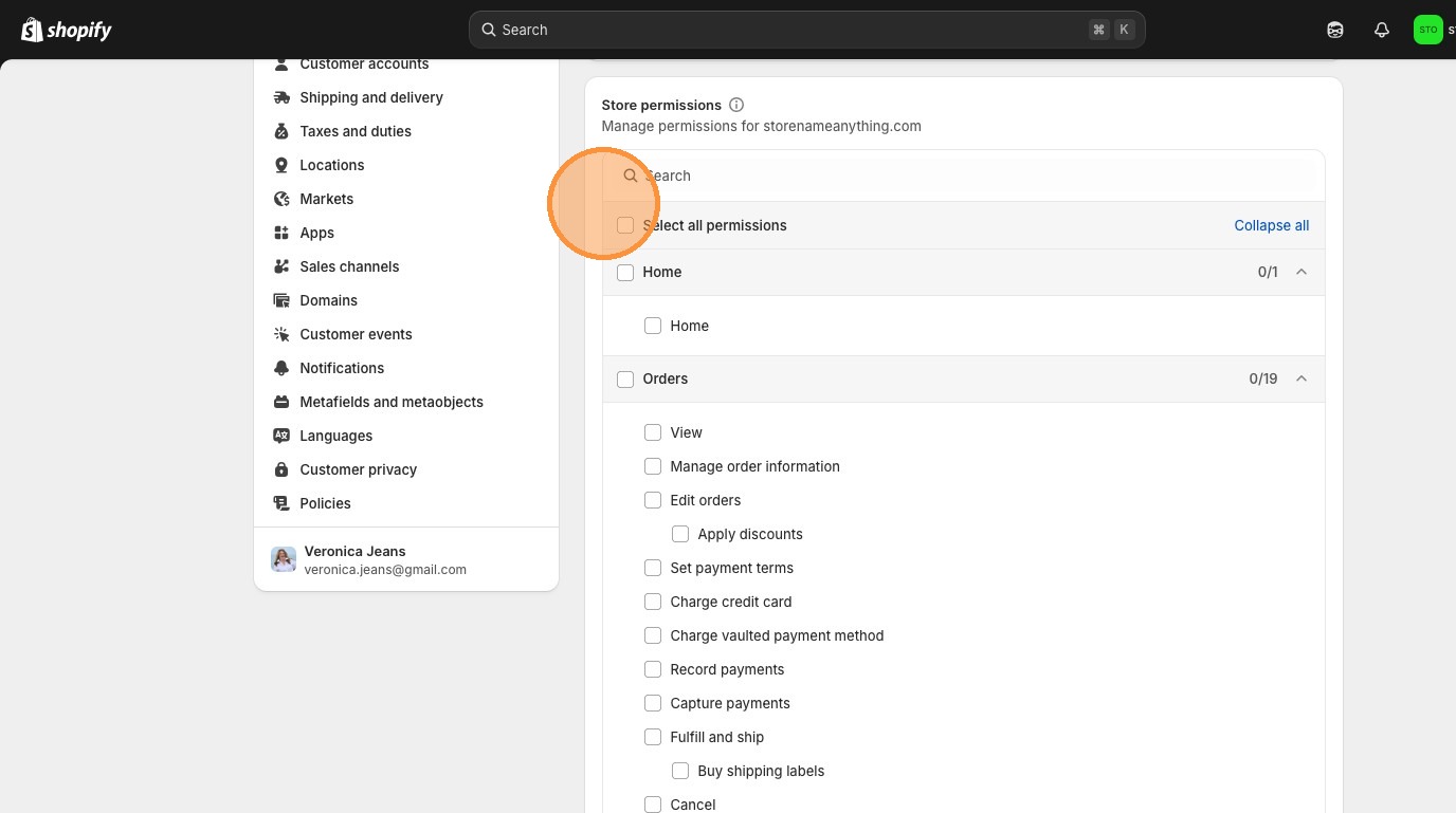 Shopify Select all permissions checkbox highlighted