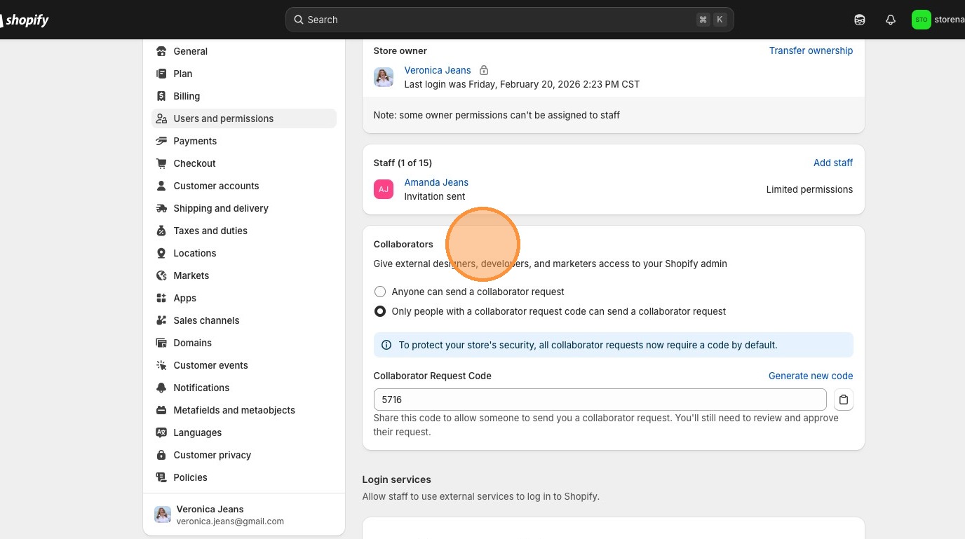 Shopify showing the Collaborators section in Users settings on a new store