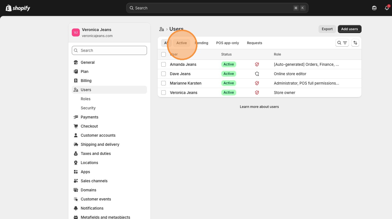 Shopify Users dashboard showing Active, Pending, POS app-only, and Requests tabs