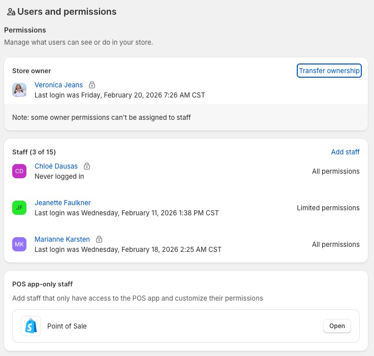 Shopify transfer ownership dialog showing what changes when ownership transfers