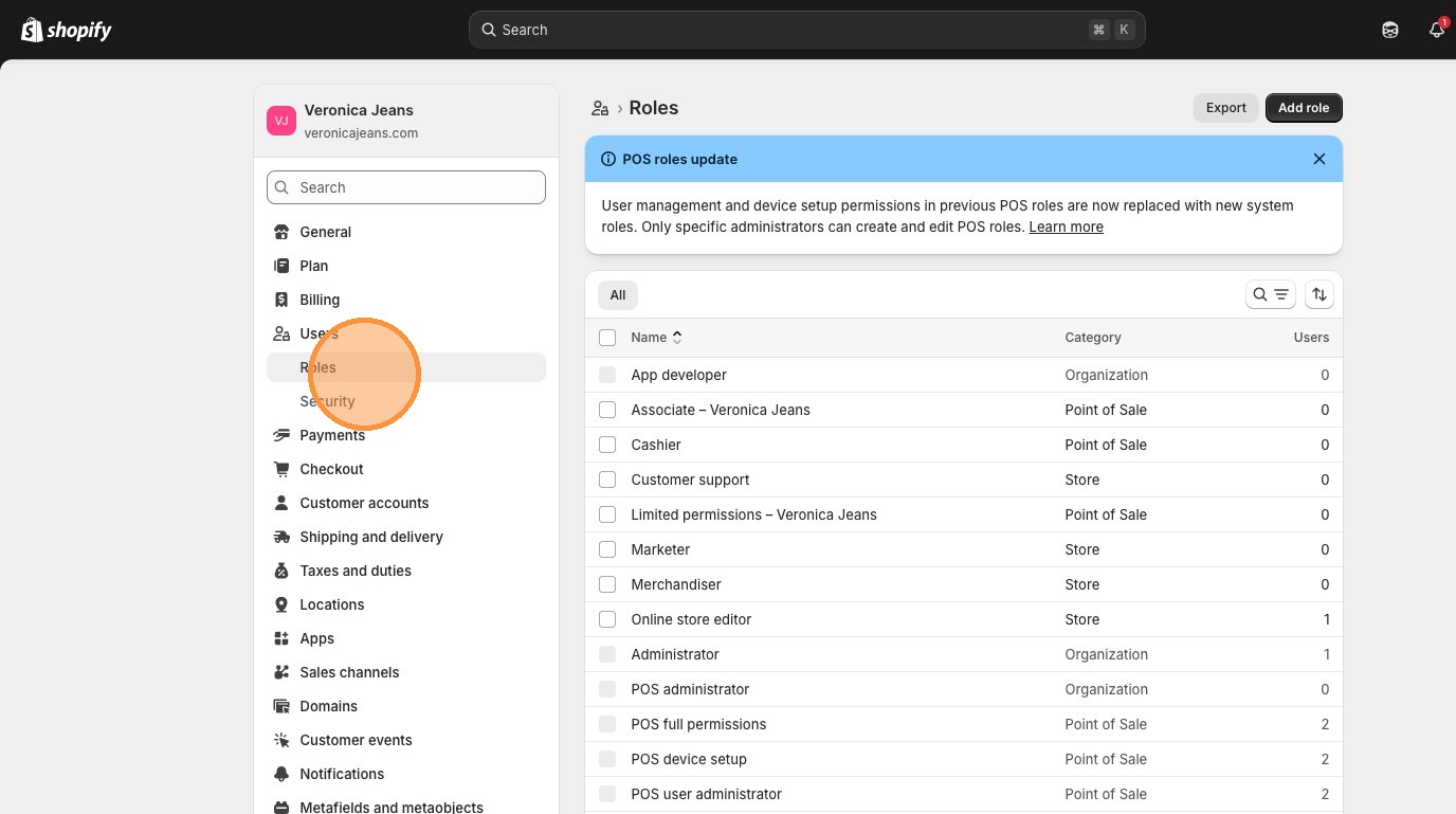 Shopify Roles section showing defined roles, permission categories, and user counts