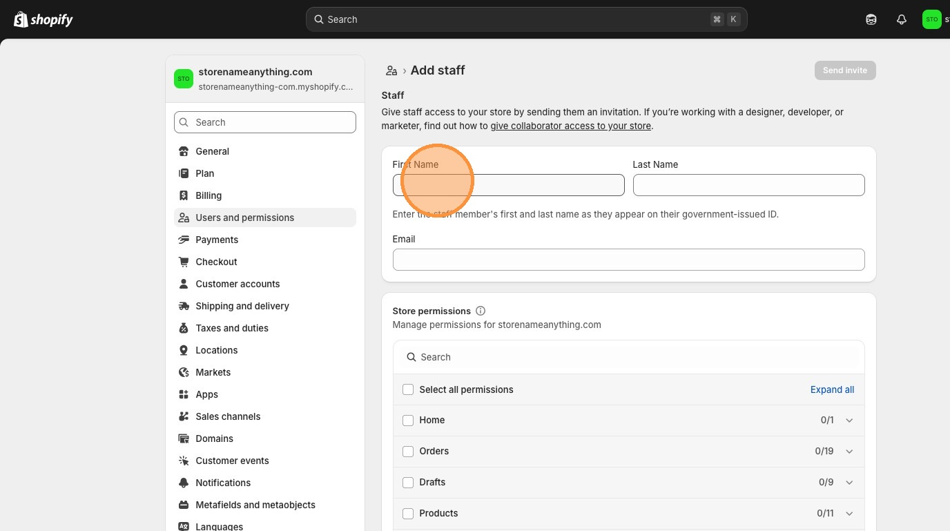 Shopify Add staff form showing name and email fields