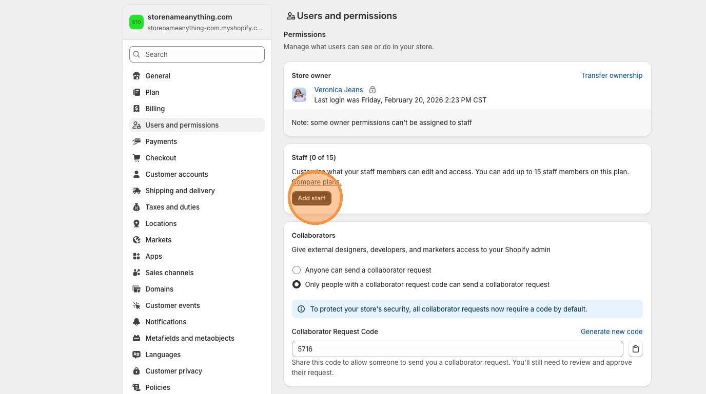 Shopify Users screen showing the Add staff button